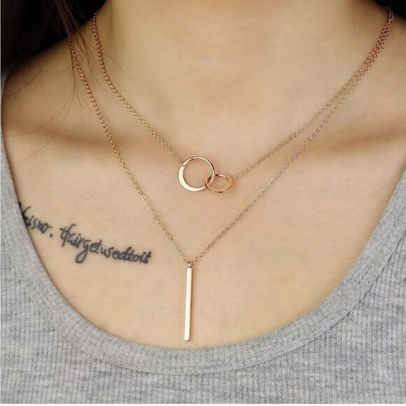 Gold 14k Gold Plated 2pc Bar & Linked Hoop Necklace Set - Picture 1 of 2